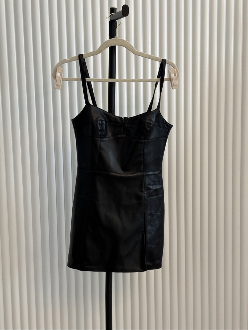 Amanda Uprichard Black Faux-Leather Mini Dress with Slim Straps